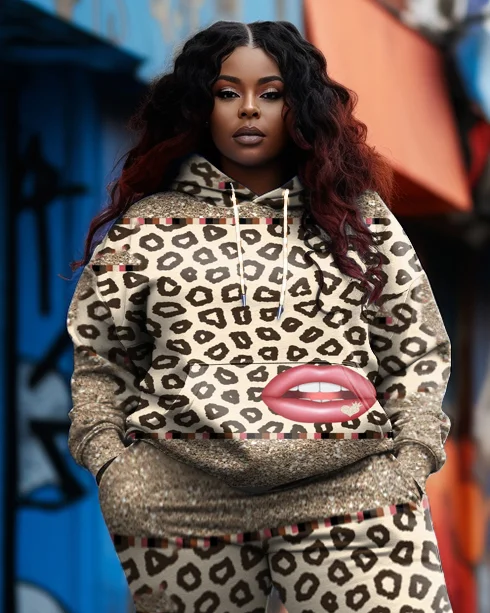Women's Plus Size Sexy Leopard Print Lip Color Block Hoodie Set