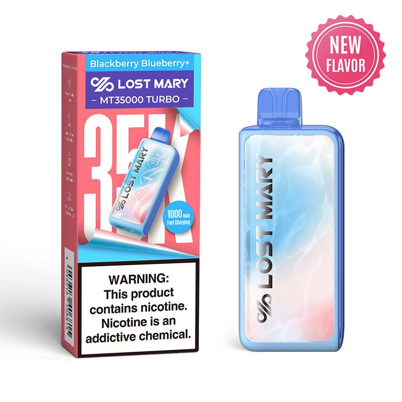 Lost Mary MT35000 Turbo disposable vape, Blackberry Blueberry+ flavor, light blue device, pink/blue packaging.