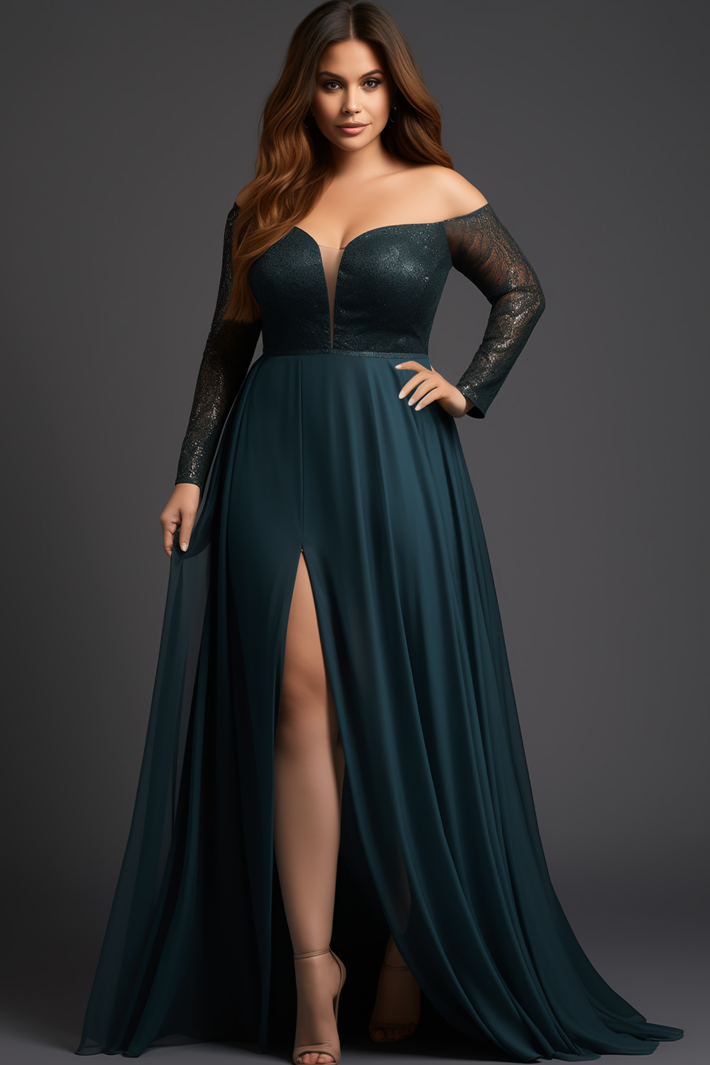 Flycurvy Plus Size Wedding Guest Dark Blue Chiffon Sequined Lace Off The Shoulder Split See-Through Maxi Dress