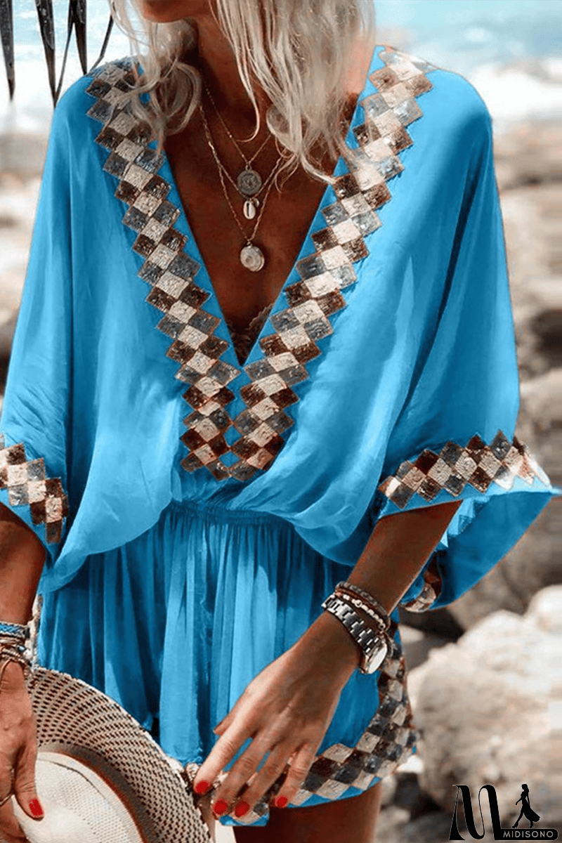 MidiSono - Print V Neck Bat Sleeve Romper