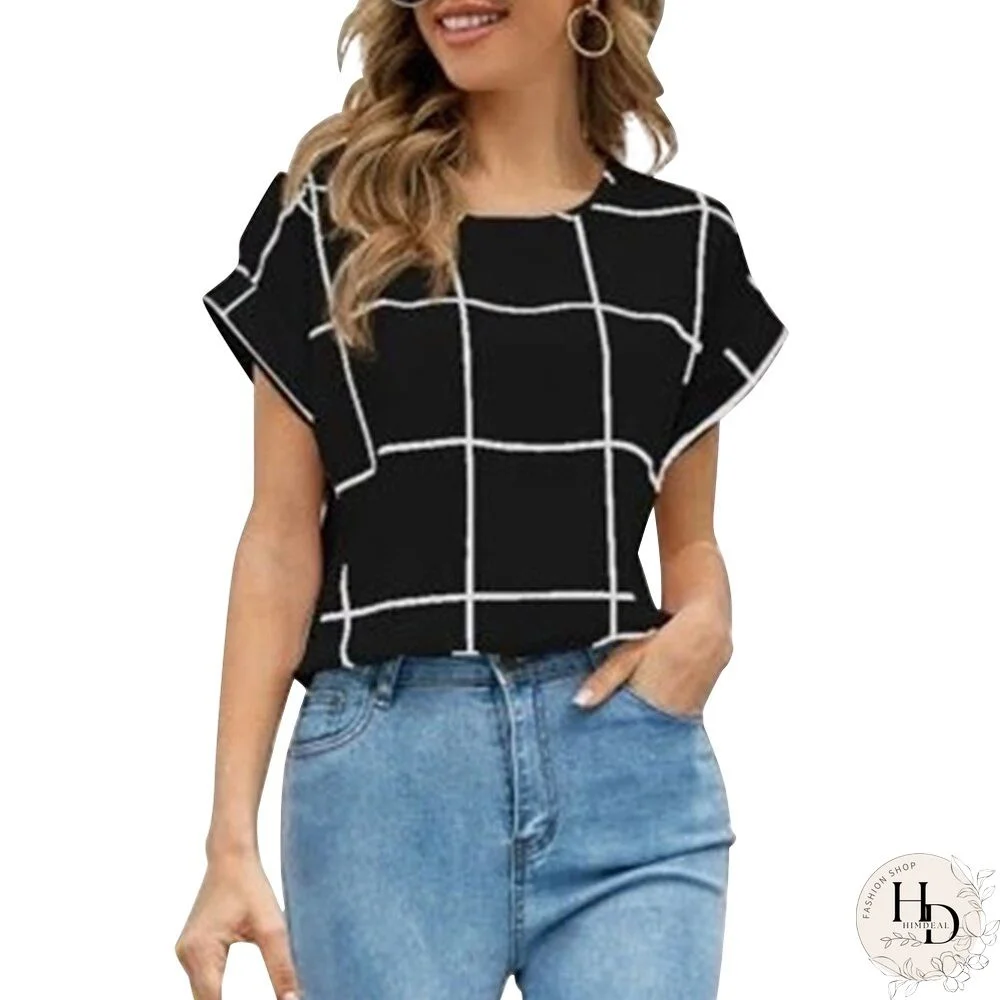 New Summer Women's Plaid Print Tops Round Neck T Shirts Ladies Short Sleeve Tees Casual Slim Fit Female T-Shirt Streetwear D30