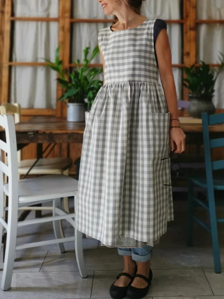 Light Grey and Cream Checked Cotton Apron