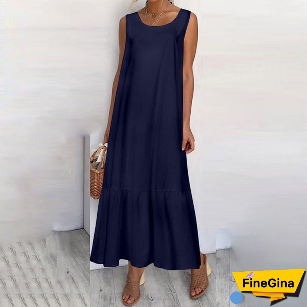 Womens Sleeveless Vest Long Dress O Neck Solid Color Party Casual Loose Summer Maxi Dresses Plus Size