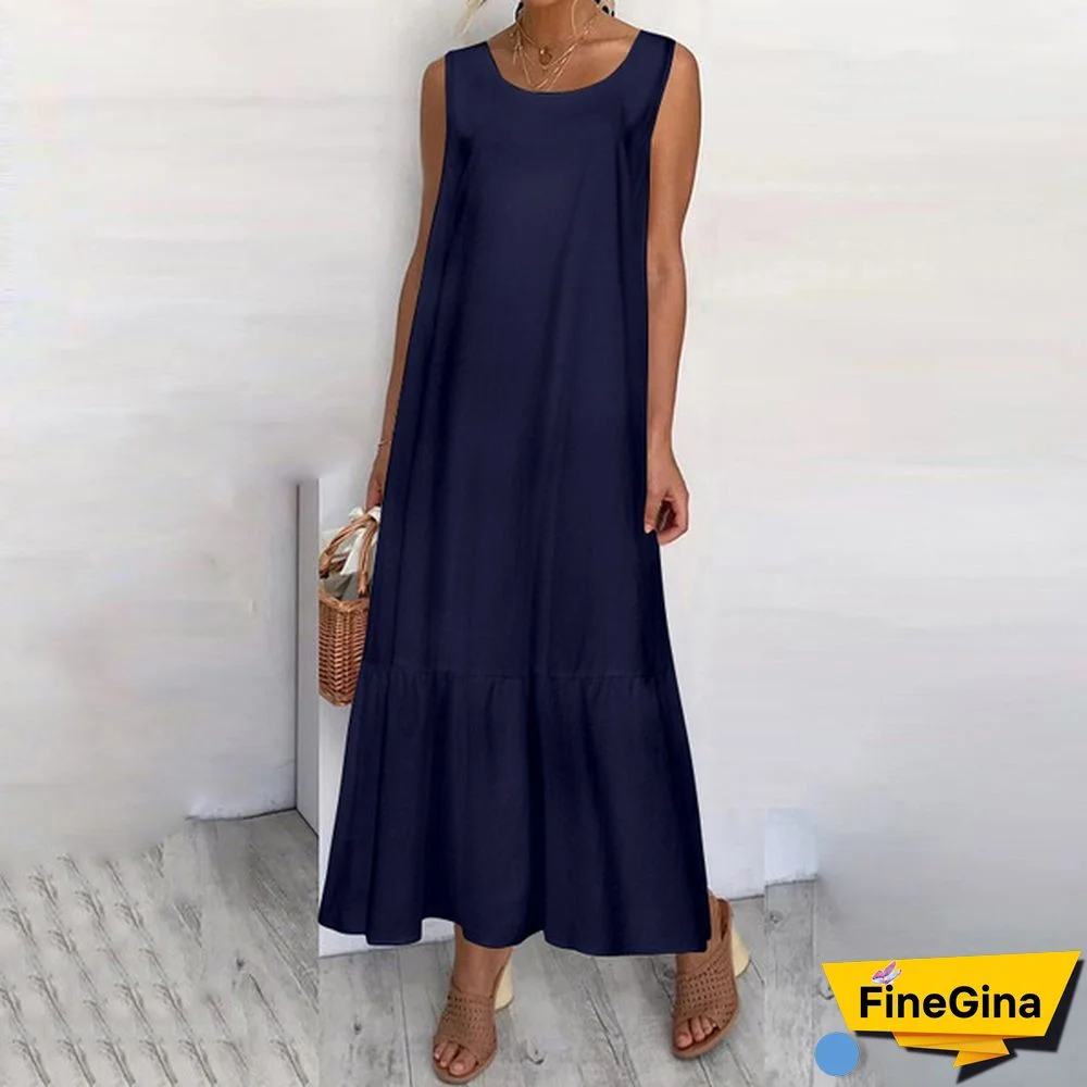 Womens Sleeveless Vest Long Dress O Neck Solid Color Party Casual Loose Summer Maxi Dresses Plus Size