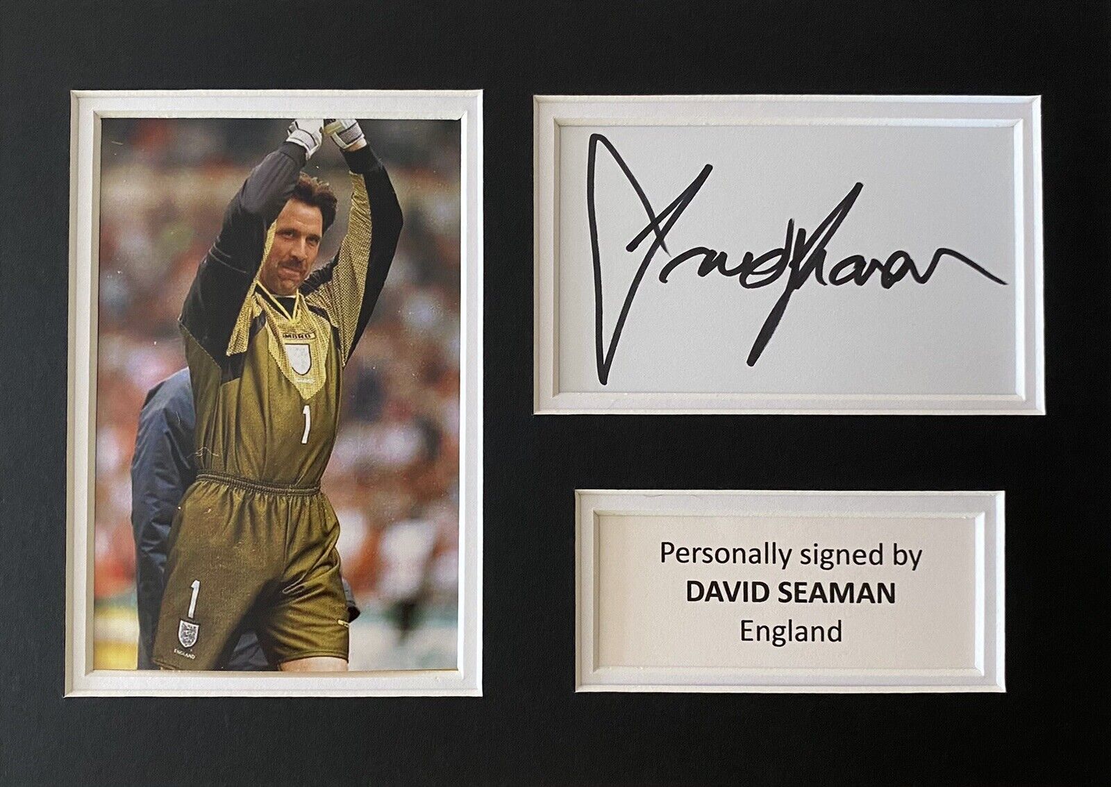 David Seaman Hand Signed White Card In A4 England Mount Display