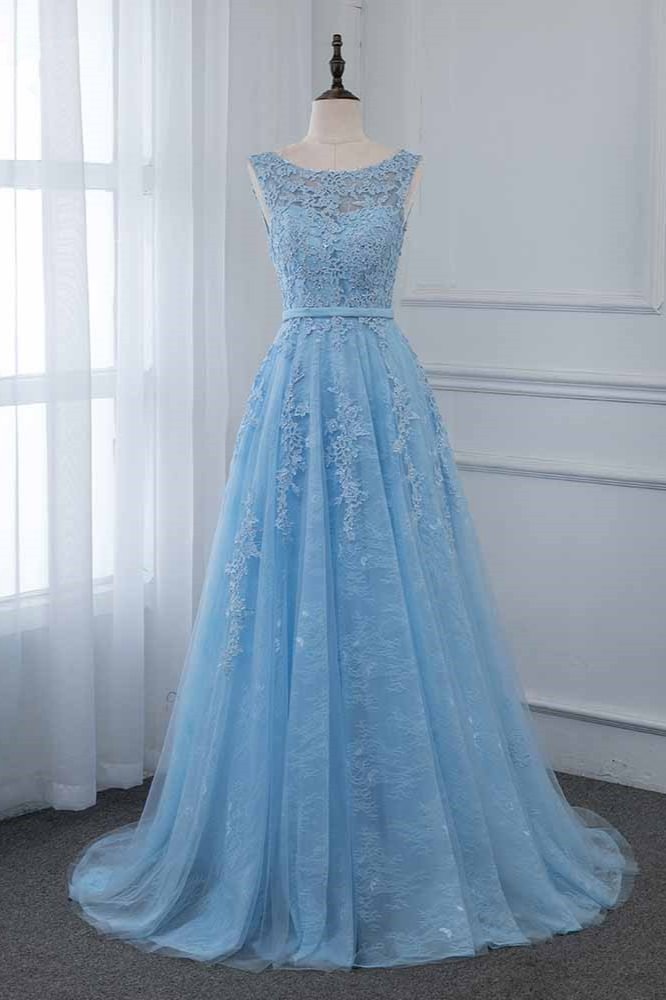 Daisda Sky Blue Scoop Sleeveless Prom Dress Long with Lace Applique Daisda