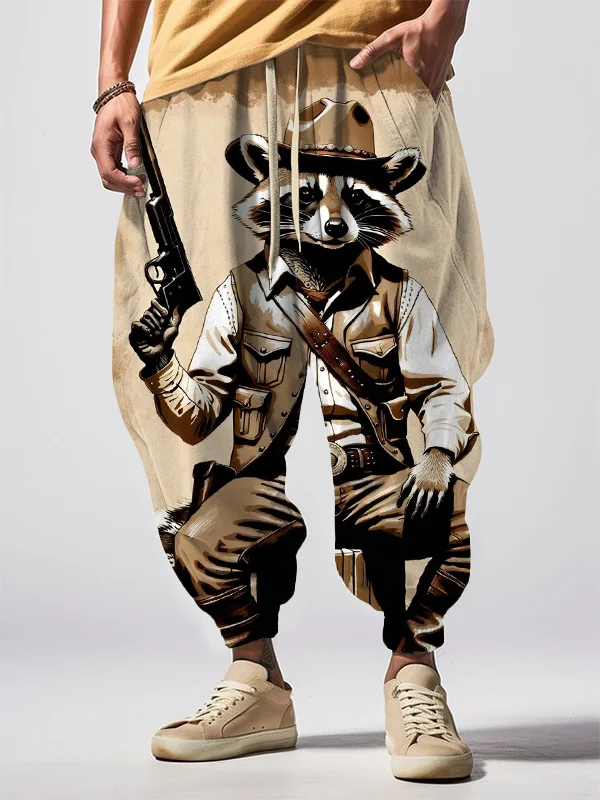 Men's Cowboy Raccoon Print Loose Drawstring Waist Sweatpants