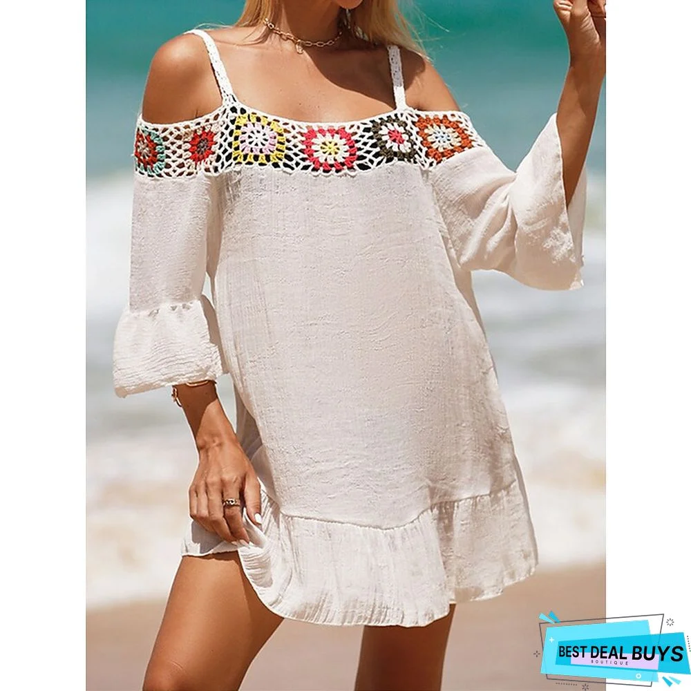 Women's Cover Up Beach Dress Beach Wear Mini Dress Ruffle Backless Ethnic Casual Floral Spaghetti Strap 3/4 Length Sleeve Loose Fit Outdoor Daily Black White 2023 Spring Summer One Size