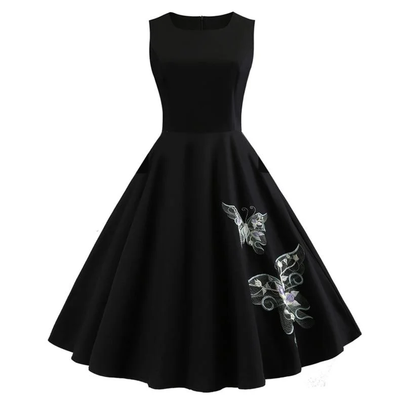 Women Elegant 50s Party Dresses Vintage Butterfly Embroidery Pin Up A Line Dress