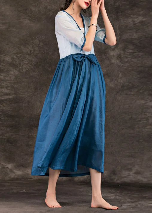 Art v neck patchwork linen dress Omychic Wardrobes blue linen robes Dress Summer