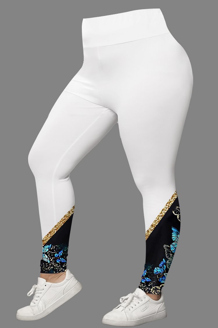 Flycurvy Plus Size Casual White Colorblock Butterfly Sequin Asymmetrical Print Legging  flycurvy [product_label]