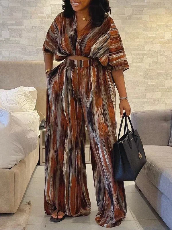 Printed V-Neck Top & Wide-Leg Pants Set