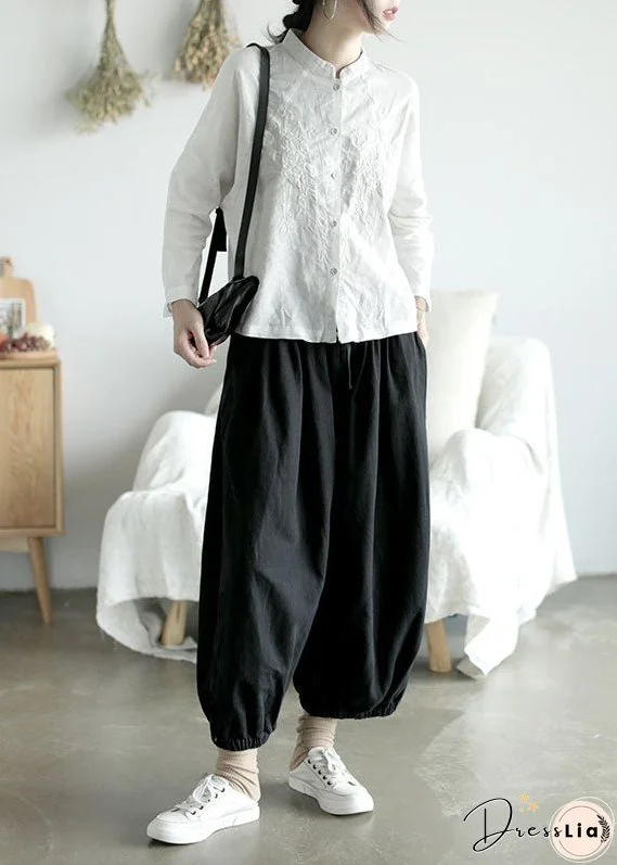 Handmade White Stand Collar Embroideried Cotton Shirts Spring