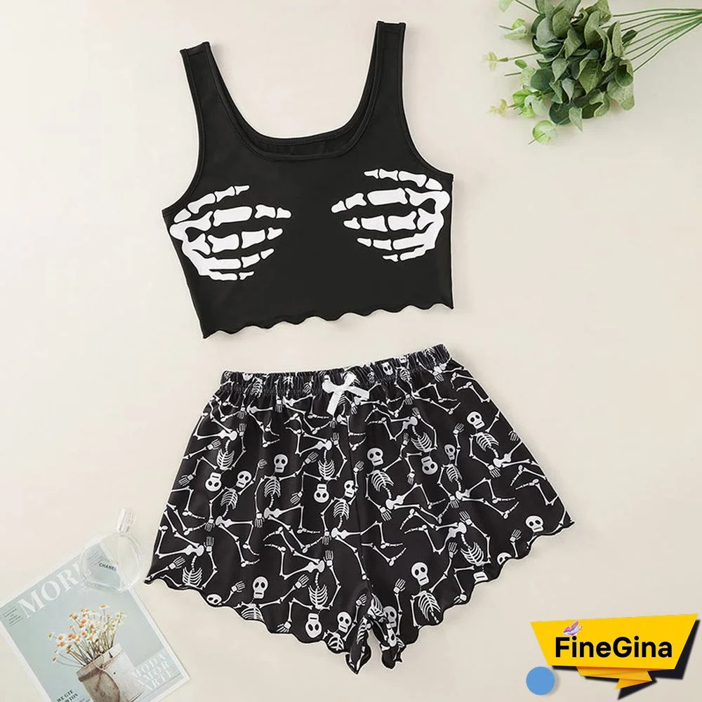 Skeleton Hands Print Tank Top Skeleton Print Shorts Set