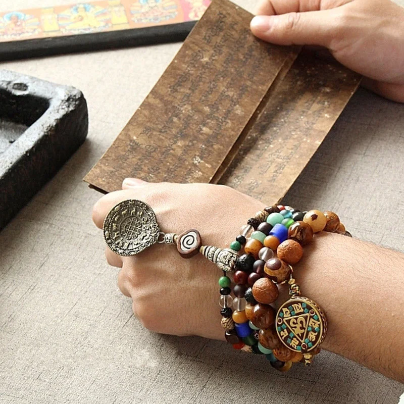 Tibet 108 Mala Beads Nine Palaces Bagua Bodhi Seed Yak Bone Vajra Harmony Bracelet