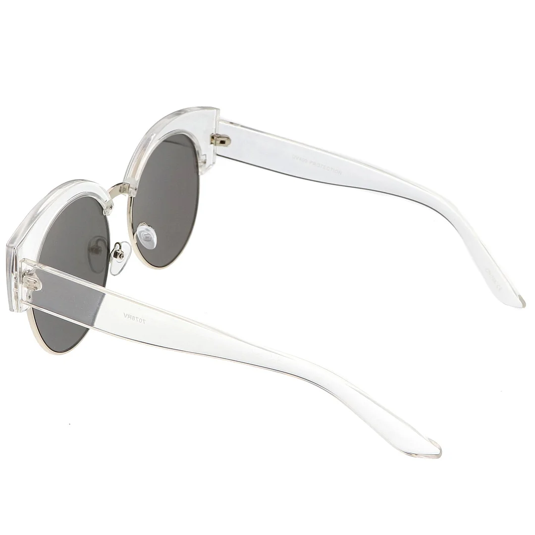 Women's Half Frame Oversize Cat Eye glasses Round Mirrored Flat Lens 59mm