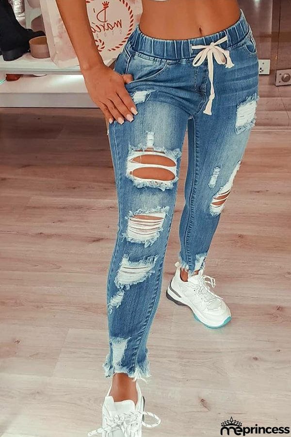 Solid Ripped Skinny Jean Pants