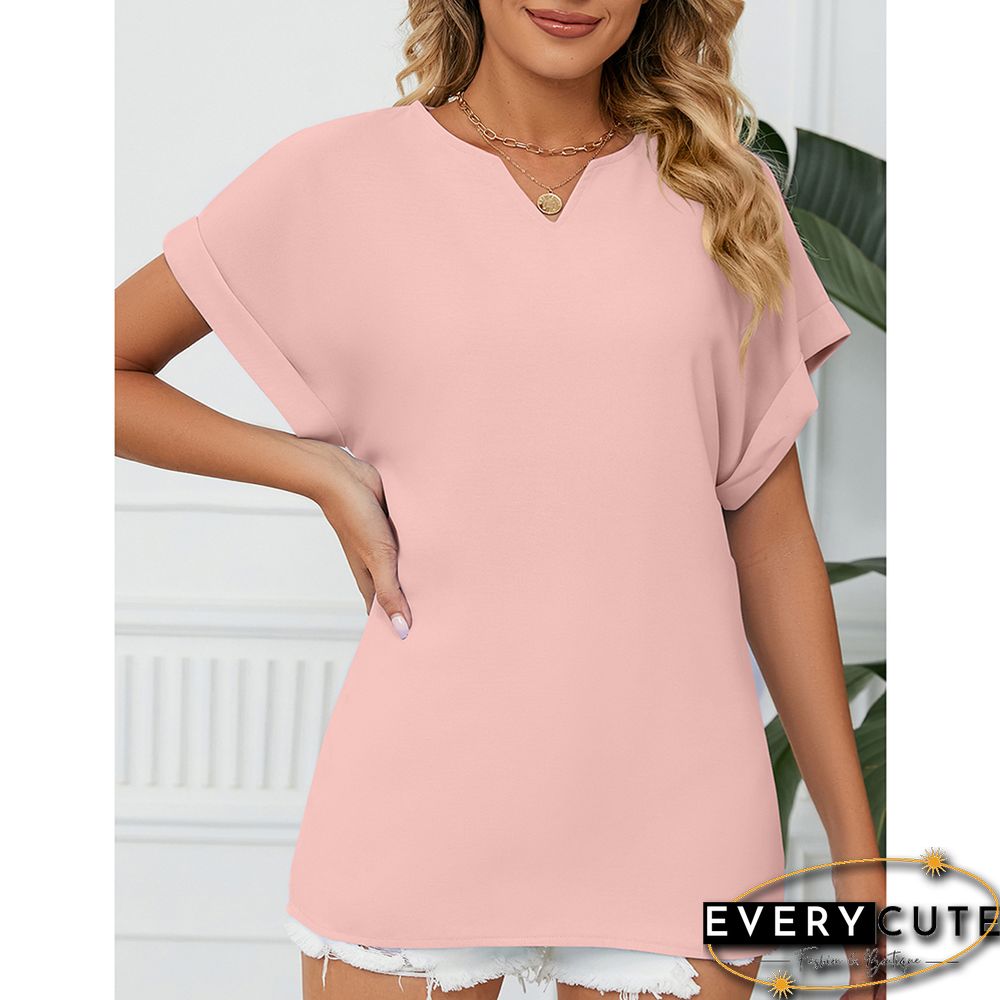 Pink Solid V Neckline Short Sleeve Tops