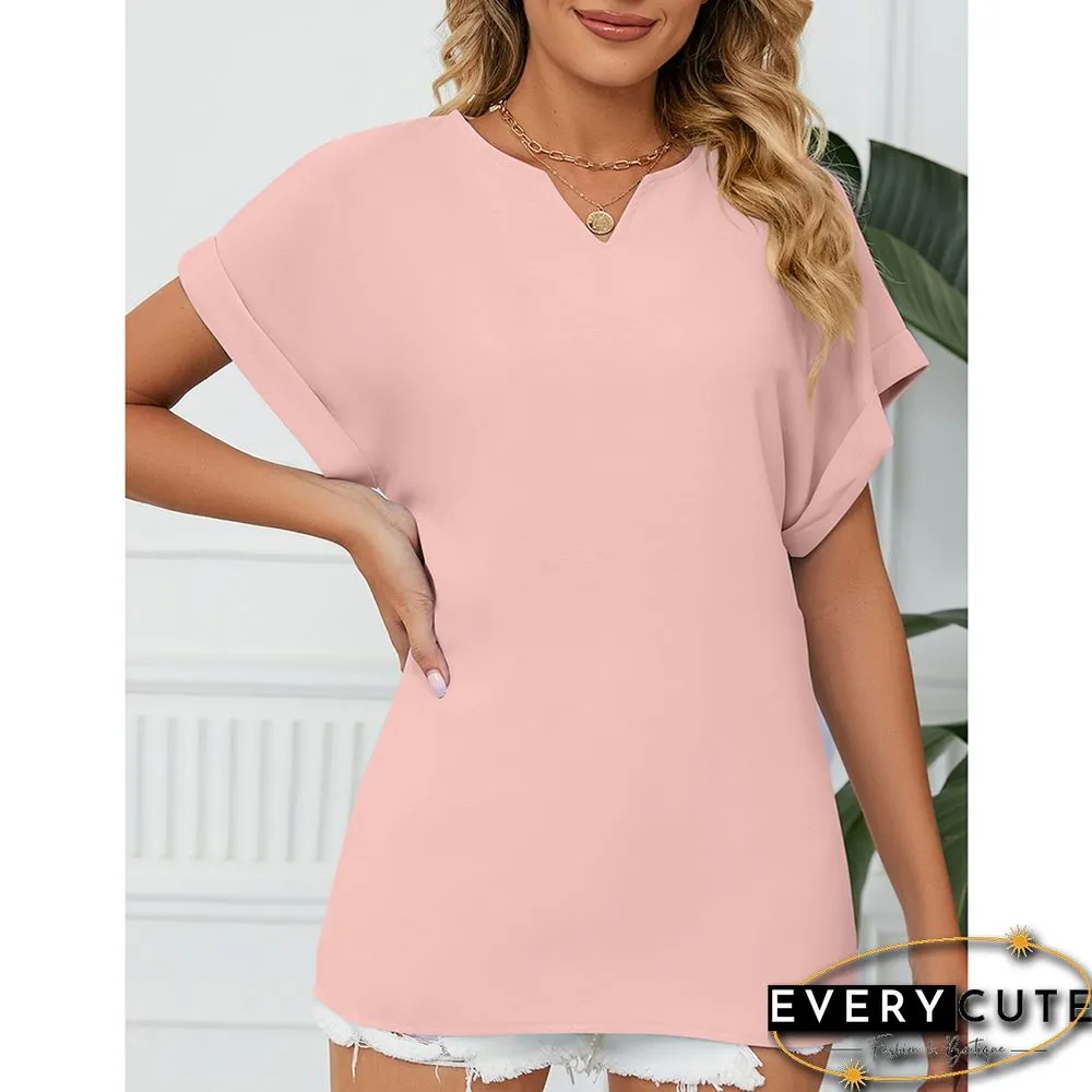 Pink Solid V Neckline Short Sleeve Tops