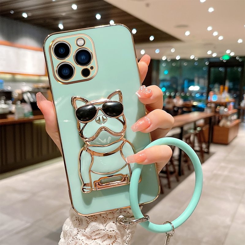 2022 New Fashion Plating French Bulldog Secret Stand Electroplated Soft Case for iPhone