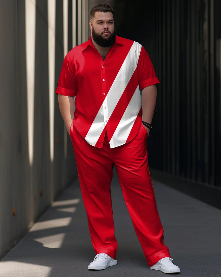 Men's Plus Size Red And White Stripes Short Sleeve Walking Suit