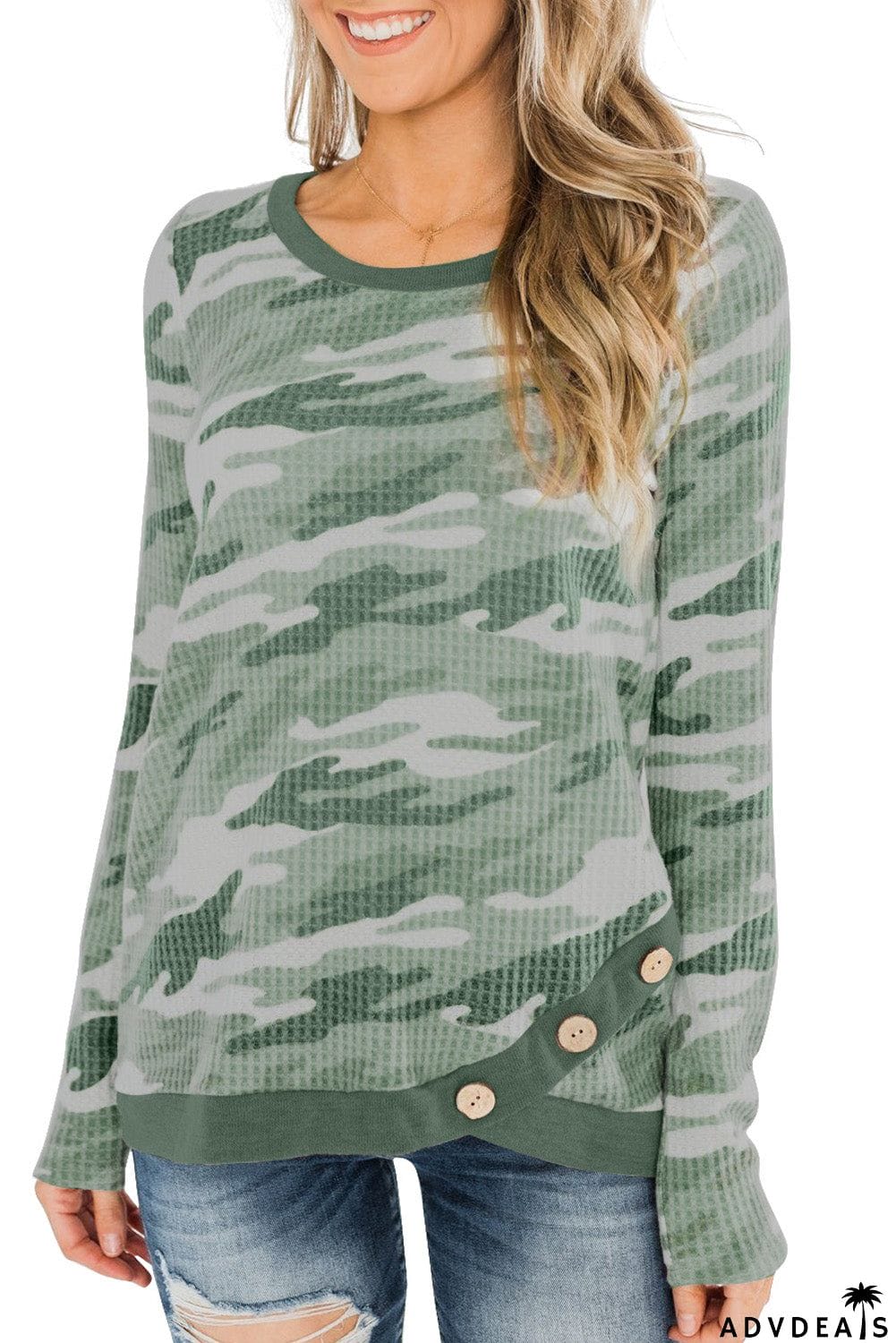 Camo Print Button Waffle Knit Long Sleeve Top