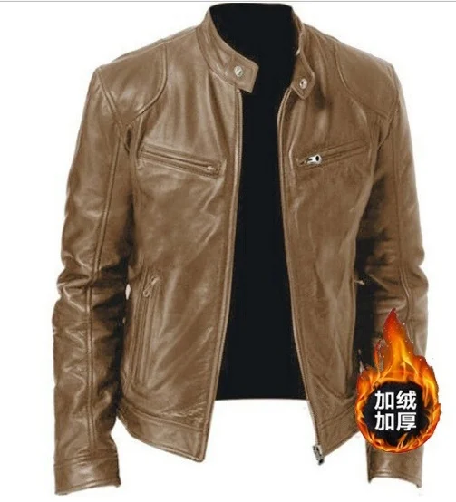 Uveng Uveng Business Gentleman Warm Zipper Open Shirt Pocket Decoration PU Leather Jacket Collar Collar Zipper Leather Jacket