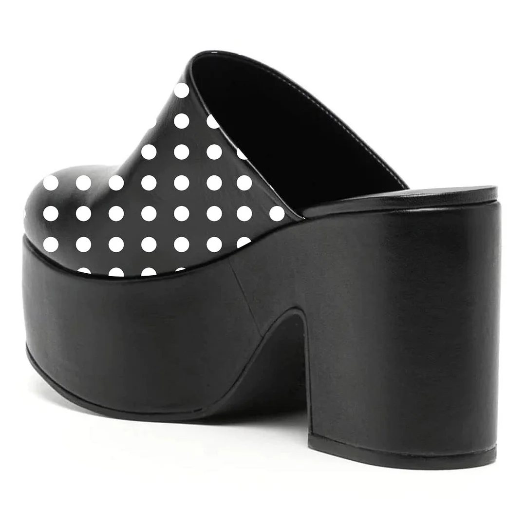 Black & White Round Toe Platform Polka Dot Block Heeled Mules