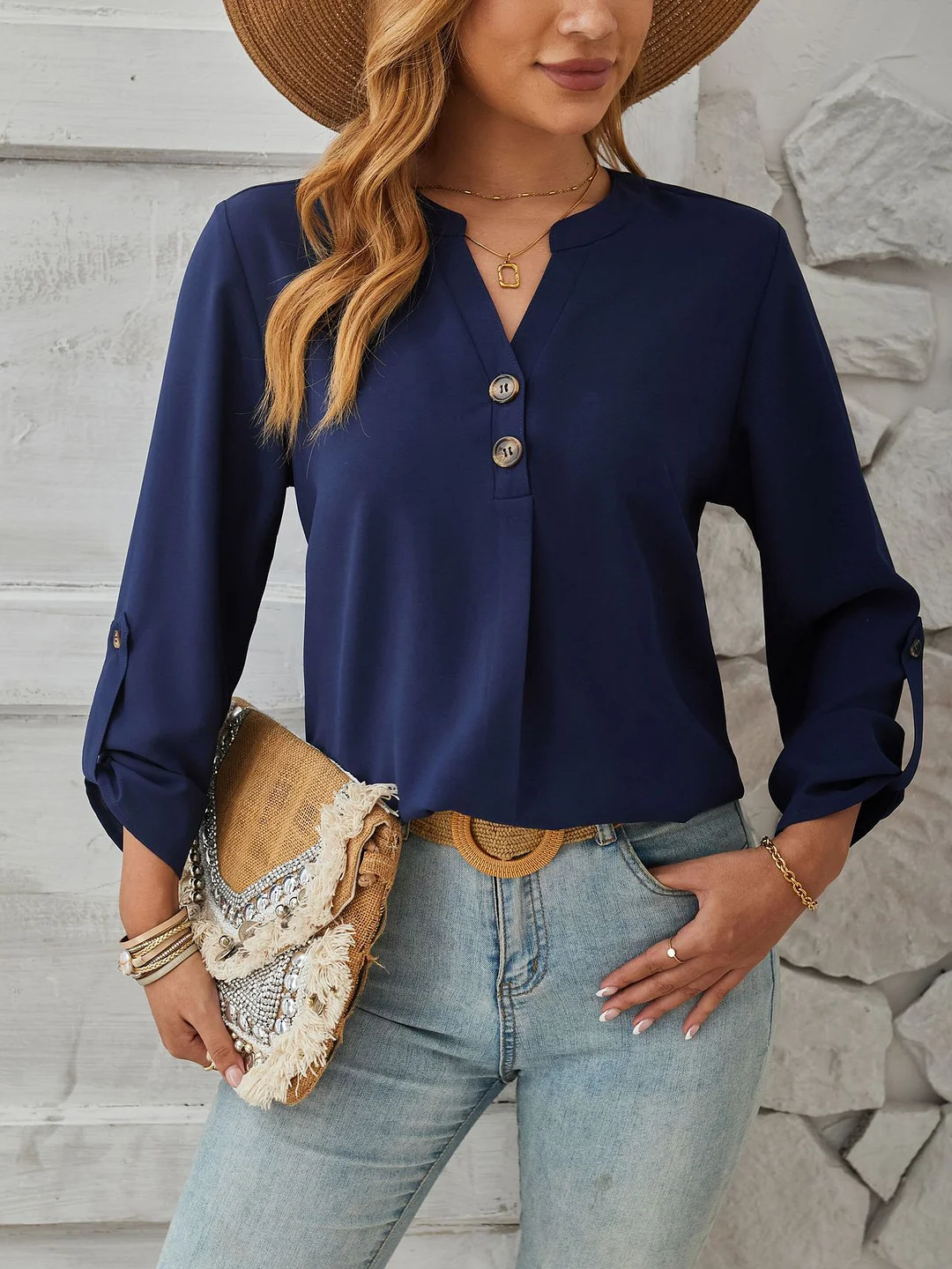Women Long Sleeve V-neck Solid Tops Blouse