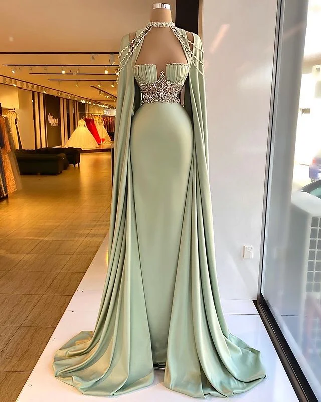 Miabel Elegant Straps Square Sage Green Mermaid Evening Dress With Beads