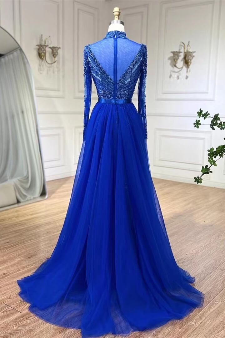 Bellasprom Royal Blue High Neck Long Sleeves Mermaid Prom Dress with Beadings Detachable Skirt Same As Picture-US2