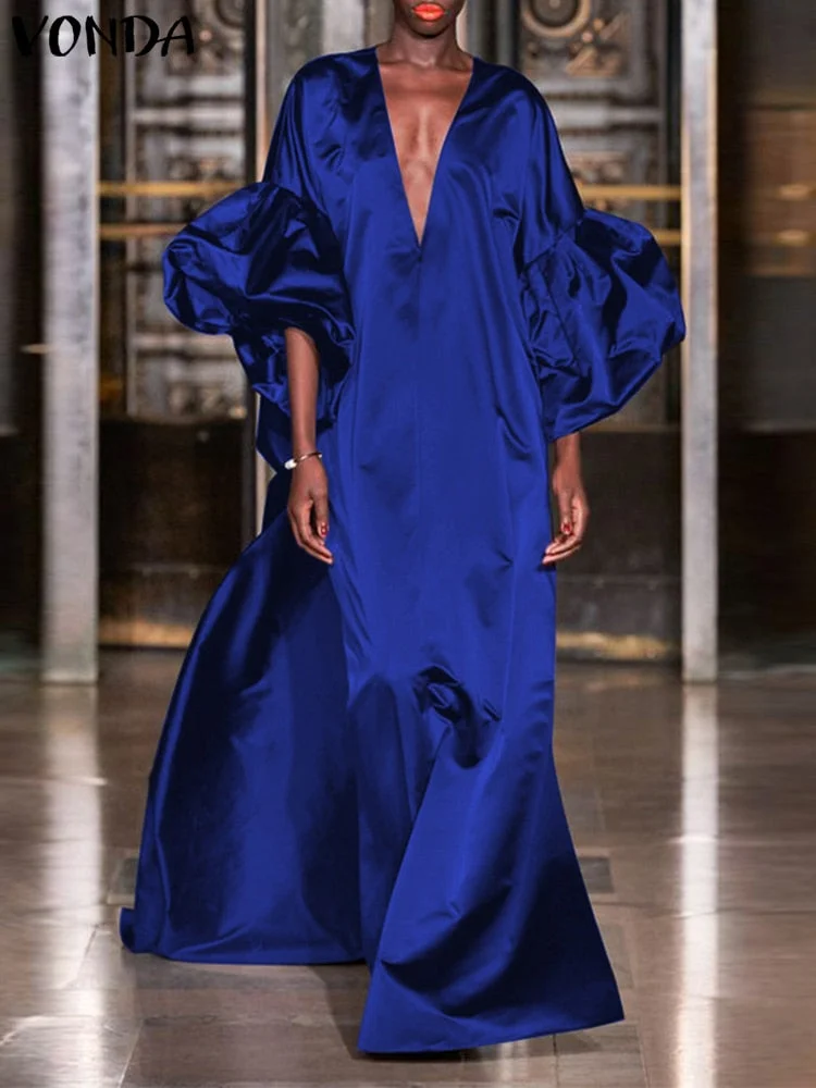 VONDA 2022 Summer Women Lantern Sleeve Dress Bohemian Vestidos Loose Solid V Neck Spring Party Sundress Satin Silk Robe Oversize