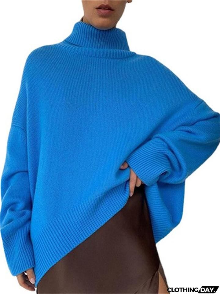Casual Loose Turtleneck Knitted Solid Color Sweaters For Women