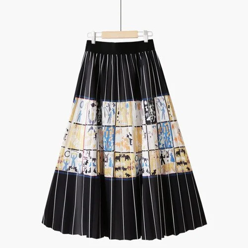 Contrast Striped Midi Long Skirt for Women  Spring Print A Line High Waist Pleated Mid-length Skirt Female