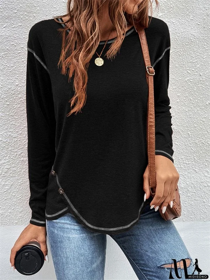 MidiSono - Casual Crewneck Pullover Irregular Hem Hide Belly Women Tops