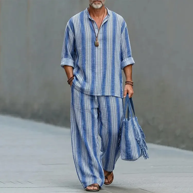 Men's Stripe Art Shirt And Pants Two Piece Set
