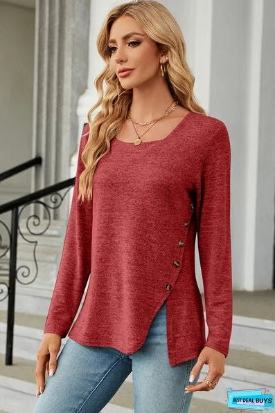 Slit Decorative Button Square Neck T-Shirt