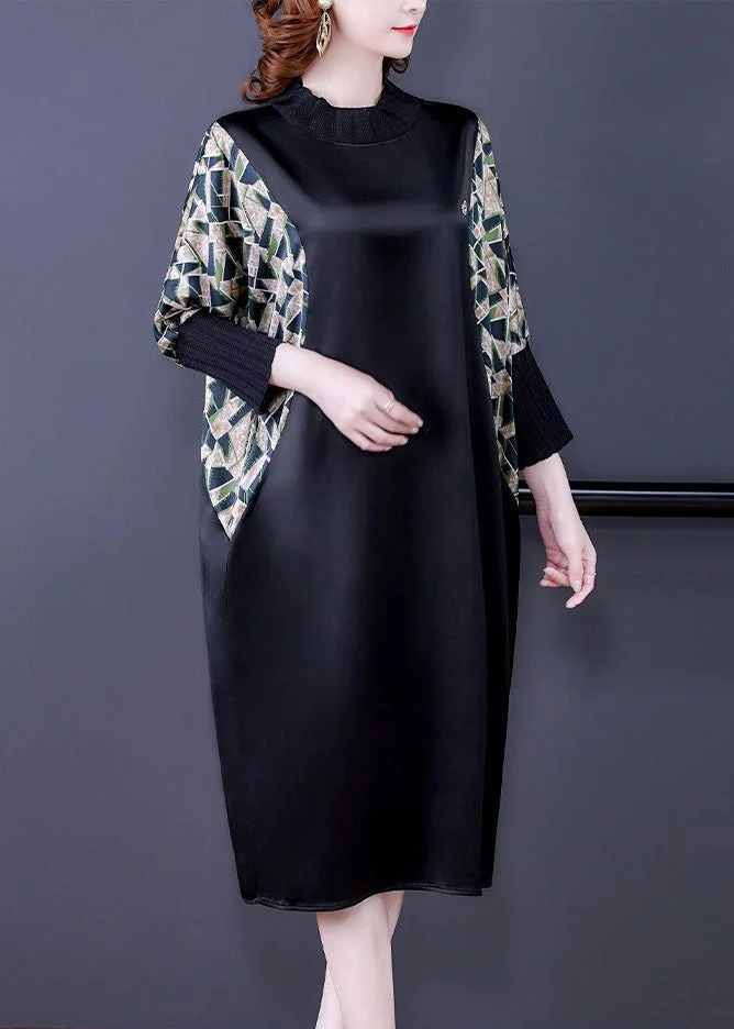 Top Quality Black Print Pockets Patchwork Silk Dresses Fall