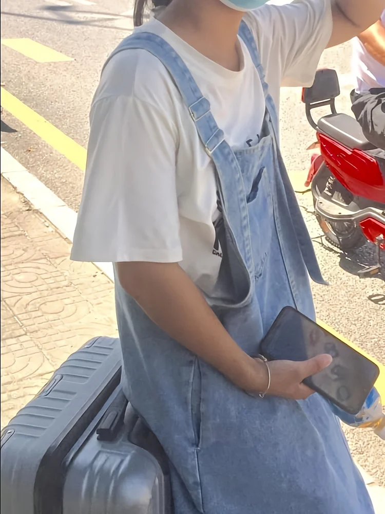 Women's Vintage-Inspired Denim Midi Dress With Adjustable Shoulder Straps, Front Slit & Puffy Sleeves - Casual Summer Dress, Machine Washable, Solid Color