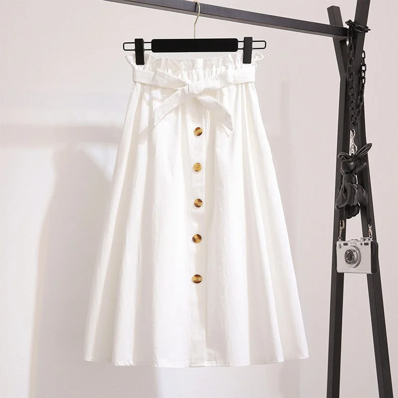 Women Elegant High Waist Midi Skirt Spring And Summer Casual Single-Breasted Solid Black White Bowknot Belt Office A-Line Skirt