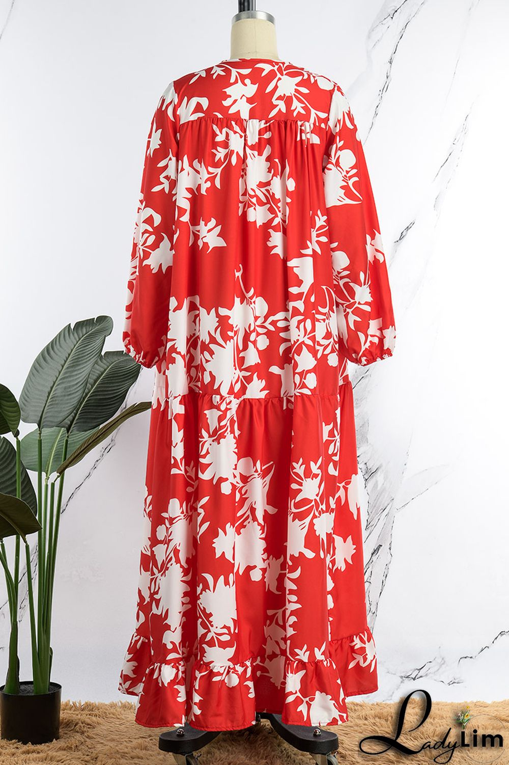 Red Casual Print Basic V Neck Long Sleeve Dresses