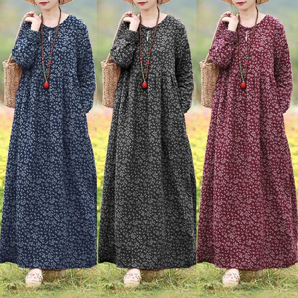 Zanzea Women Cotton Kaftan Abaya Vintage Printed Floral Dress Full Length Dress - BlackFridayBuys