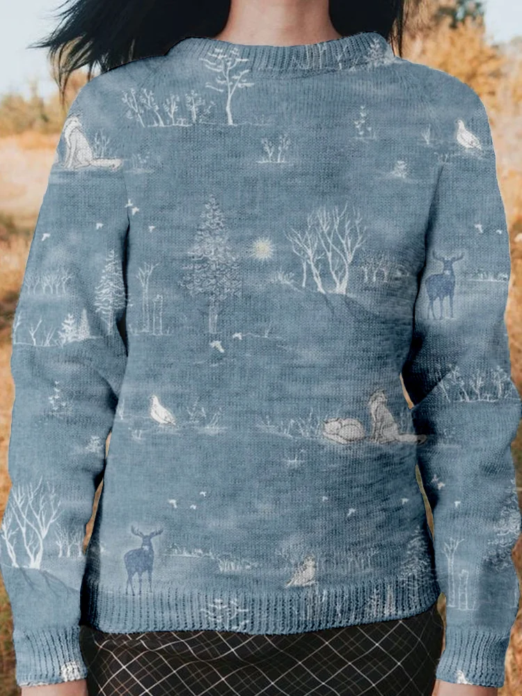 🔥kukelife🔥Winter Forest Toile Crew Neck Comfy Knit Sweater
