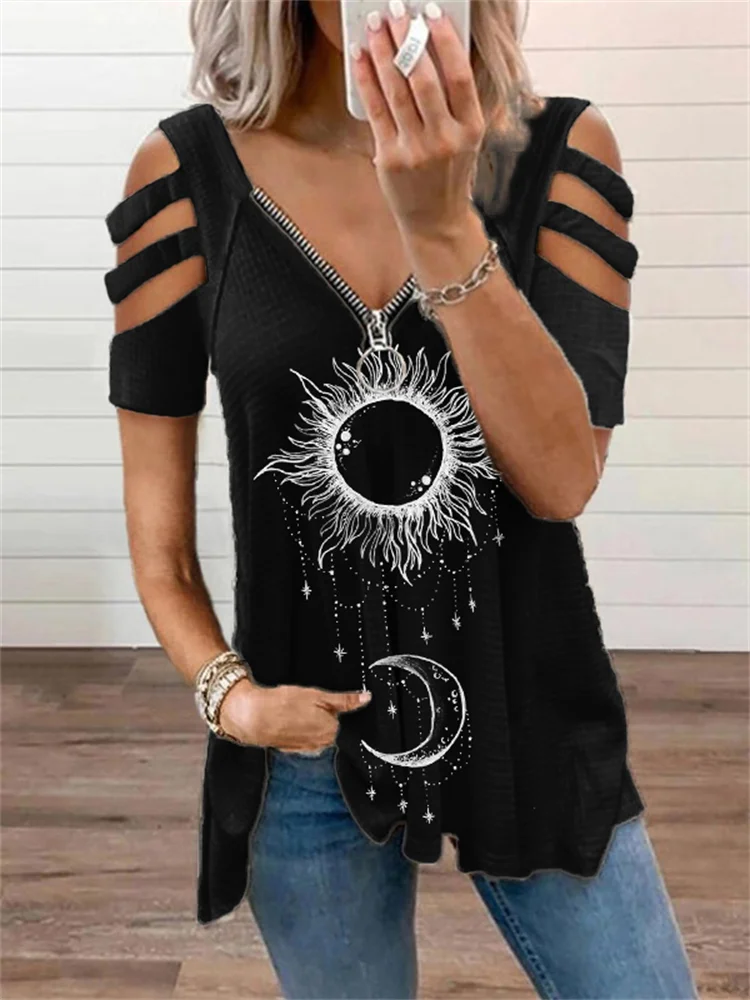 Wearshes Sun & Moon Mystical Totem Hollow Shoulder T Shirt