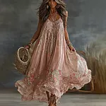 Women's Floral Roses Art Print Flowy Linen Blend Casual Suspender Maxi Dress - Image 2