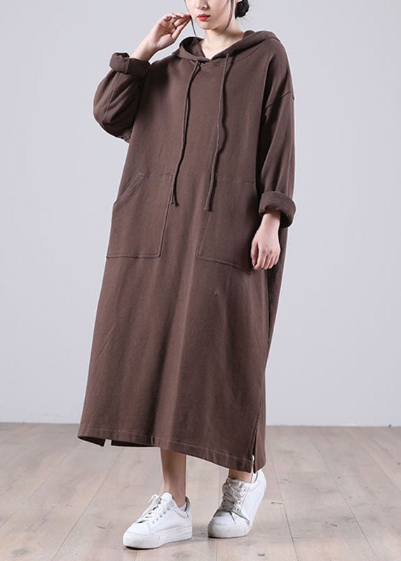 Elegant Brown Hooded Pockets Side Open Fall Sweatshirt Dresses CK1385- Fabulory