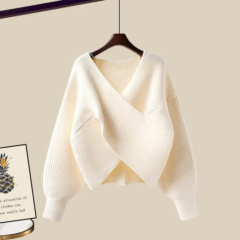 Pure Color Cross Knit Sweater Dress Two Pieces Set