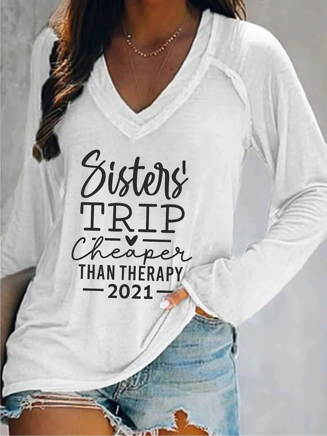 Long Sleeve V Neck Plus Size Printed Tops T-Shirts