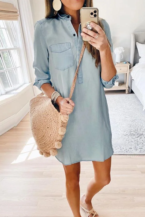 Womens Polo Neck Pocket Denim Dress-Allyzone-Allyzone