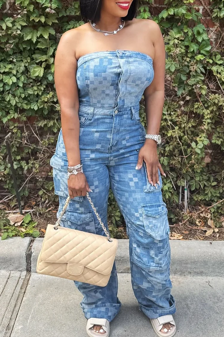 Plus Size Daily Blue Casual Cargo Denim Jumpsuits [Pre-Order] 2024 - Xpluswear